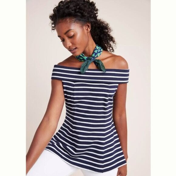 MAEVE Anthropologie Structured Off-The-Shoulder Top Blue & White Sz S Flawed - Picture 1 of 16